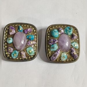 Vintage Artisan Mosaic Clip On Earrings Brass Boho Turquoise Purple Stone Inlay